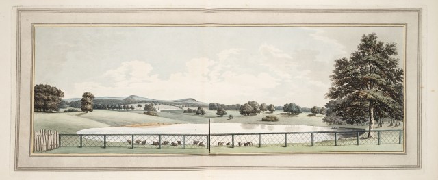 View from the house at Tatton, showing the manner of connecting the two waters; and also the effect of the net fence as a false scale which lessens the sense of the near water. from Sketches and hints on landscape gardening 1794