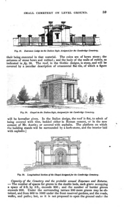 Alternative designs in Gothic and Italian style for the entrance lodges, from John Claudius Loudon, On the Laying Out, Planting and Managing of Cemeteries, 1843