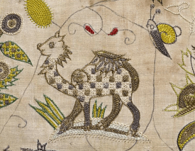 silk and silver thread embroidery panel of a camel, c.1600-1625 V&A