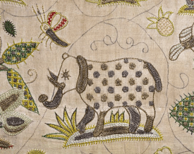 silk and silver thread embroidery panel of an elephant, c.1600-1625 V&A