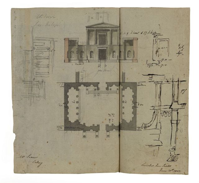 Plan of the ruins, courtyard and elevation/section of the temple front with some rough studies, June 1802, Sir John Spoane's Museum