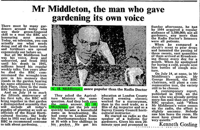 Kenneth Gosling. "Mr Middleton, the man who gave gardening its own voice." Times [London, England] 19 June 1981: VIII. The Times Digital Archive. Web. 2 Aug. 2014.