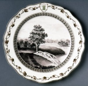 Dessert plate, of Queen's ware; with ogee edges; painted in black with a view of 'Mr Hopkins' Gardens, Painshill, Surrey', British Muserum