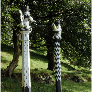 Heraldic lions on columns which mark the entrance to a 'sacred grove' at Castell Gryn, Country Life Picture Library Published Originally 29/09/1988