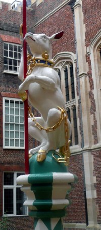 The White Hart, probably derived from Richard II, which became a Yorkist badge and was also adopted by Edward V from Chapel Court, Hampton Court 