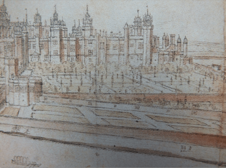 Detail of a drawing of Hampton Court by Antony van den Wyngaerde, c.1554-7 Ashmolean Museum Oxford