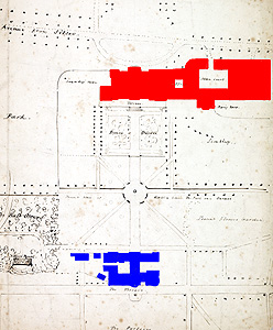 The relative positions of old house (blue) and its replacement (red) Bedfordshire County Archives , L33/150