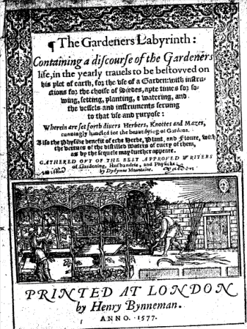 Th etitle page of The Gardener's Labyrinth, first edition, 1577