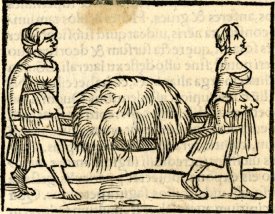 Two peasant women carrying hay on a litter; to right; illustration to an unidentified Latin edition of Sebastian Münster, 'Cosmographia', probably printed by Petri in Basel, c.1544-52. Woodcut © The Trustees of the British Museum