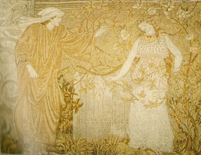 The Pilgrim at the Heart of the Rose, One of the 5 surviving embroidery panels, recently conserved by the Royal School of Needlework and exhibited at 2, Temple Place.
