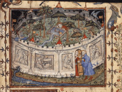 Miniature of the Lover seeking the entrance to the Garden of Pleasures, from Le Roman de la Rose, BL Egerton 1069 f. 1