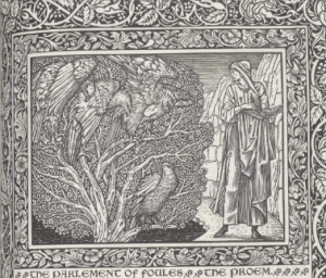 The opening page of the Parliament of Fowls, printed by William Morris at the Kelmscott Press, 1896, http://exhibitions.slv.vic.gov.au/explore-exhibition/zoom-image/final-page-romaunt-rose-and-opening-page-parlement-foules