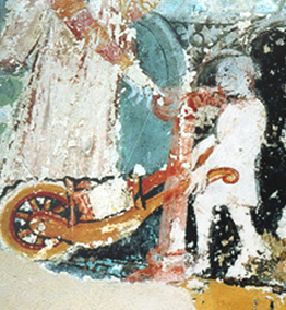 Is this the earliest painting a of a wheelbarrow? St faith's Priory, Norfolk, http://www.thebatchelorcollection.co.uk