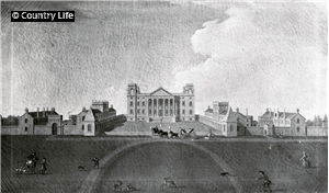 Bubb Dodington entering the forecourt in Eastbury Park's hey-day from an oil picture of circa 1760. Pub Orig CL 03/09/1927