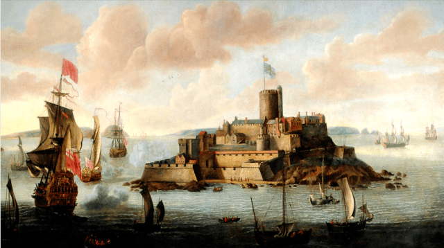 Castle Cornet before 1672 when an explosion destroyed the keep, by Isaac Sailmaker http://museums.gov.gg/castlehistory