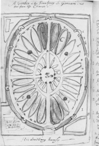 The garden of Pierre Morin in the faubourg St Germain, drawn in 1649 by Richard Symonds. BL Harley Ms 1278 f.81v taken from Prudence Leith Ross