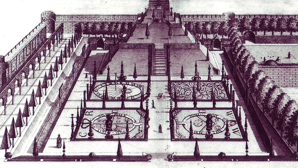 The garden at New College, Oxford, with Mound and parterres, as engraved by Toms for William Willams’s ‘Oxonia Depicta’ (1732)