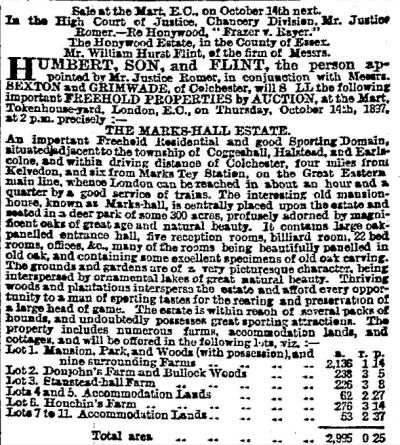The auction notice from The Times, 18th Sept 1897