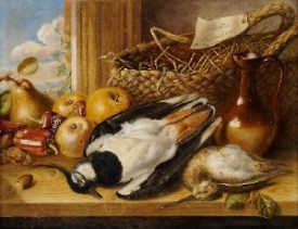 Still life with a dead jay, woodcock, fruit and vegetables and a jug , 1856 http://www.artnet.com/artists/augusta-innes-withers/still-life-with-a-dead-jay-woodcock-fruit-and-sycVOOAM0x7w2iBw5QGwnA2