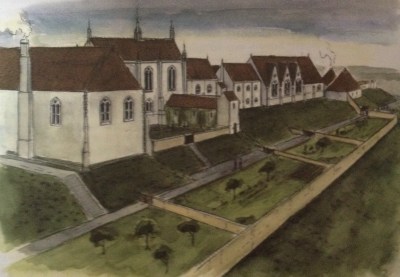 Reconstruction of the north facing mediaeval gardens at Clarendon, by Philip Marter for RCHM 1994 taken from Clarendon Landscape of Kings.