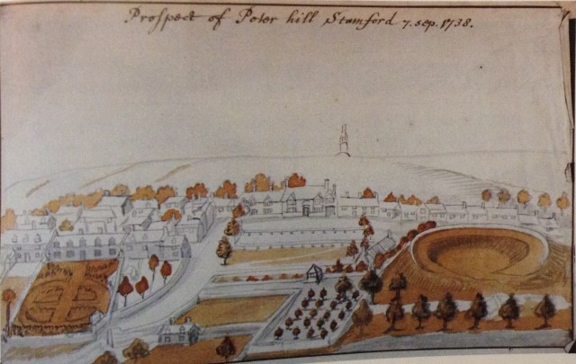 A view of Stamford by Stukeley. The rectory is in the centre, the Hermitage aon the left and the motte of Stamford castle on the right. Spalding Gentleman's Society