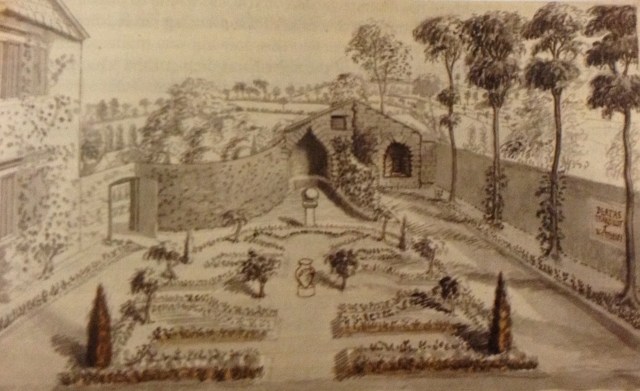 The Hermitage Vineyard at Grantham, 1727. The chapel is in the centre distance and the Roman altat in front of it surmounted by a stone sphere. Bodleain Gough Maps 230 f.412