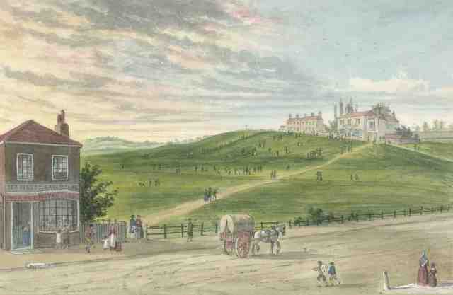 Spa Fields in the 1790s: a recreation of 1857 by Charles Matthews, looking east from Bagnigge Wells Road to Merlin's Cave at the top of the hill
