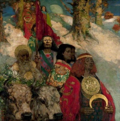 (c) Glasgow Museums; Supplied by The Public The Druids: Bringing in the Mistletoe by George Henry and Edward Atkinson Hornel Glasgow Museums Date painted: 1890 Oil on canvas, 152.4 x 152.4 cm Collection: Glasgow Museums