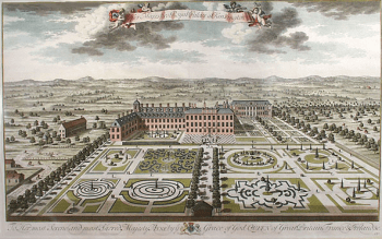 Kensington Palace south front with its parterres, engraved by Jan Kip, 1724. Jan Kip Kensington Palace from the south by Jan Kip. The plate was made for Britannia Illustrata (1707-8) and dedicated to "Her most Serene and most Sacred Majesty, Anne" The plate was reprinted unchanged in 1724.