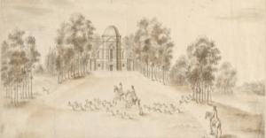 deatil from Architectural drawing of the Temple, or Banqueting House, in the park at Euston Hall, Suffolk, ca. 1746, by William Kent (1685-1748), V&A
