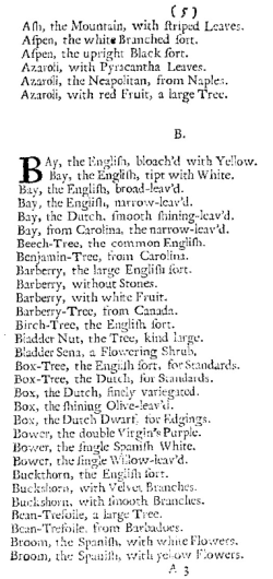 from Furber's Catalogue of English and Foreign Trees, 1728