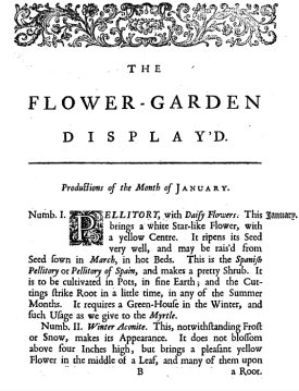 a page showing the notes that accompanied the plates in The Flower Garden Display'd