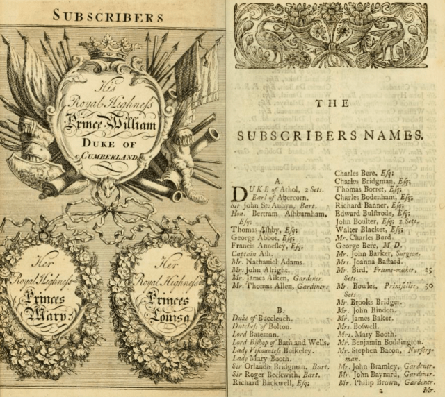 The beginning of the subscription list in A short Introduction to gardening, 1733
