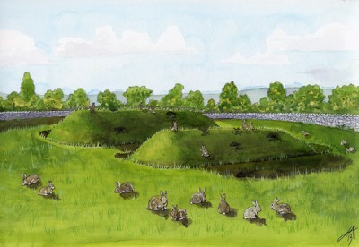 Reconstruction of Medieval 'pillow mounds' in a rabbit warren, within Radholme or Leagram Deer Park in the Forest of Bowland, Lancashire, in about 1500 by Jeannie Anderson http://www.jennieanderson.co.uk/page3.htm