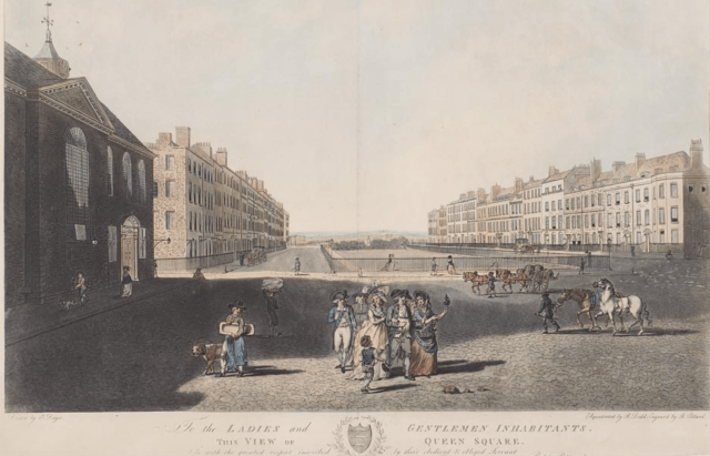 View of Queen Square, by Edward Dayes, with St George's church on the left, 1785, http://www.gac.culture.gov.uk/work.aspx?obj=29630