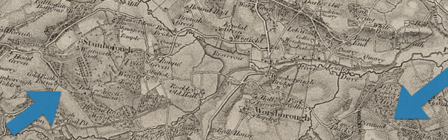 Left arrows - Wentworth, right arrow - the Pyramid and Tower of the Ruined City. from First Edition Ordnance Survey, 1841