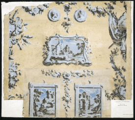 Landscapes in a 'print room' style wallpaper, from Doddington Hall, Lincs c.1760 V&S