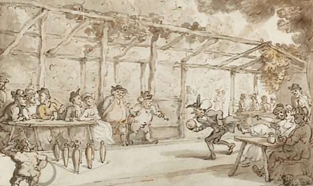 Dr. Syntax playing a game of ninepins, Thomas Rowlandson