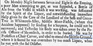 Report of a death by misadventure [and drunkeness] Thu 22 Sep 1737 ,  Derby Mercury