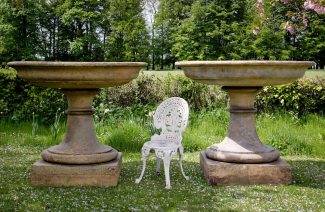 a pair of very large terracotta tazza urns or fountain basins on square bases by J M Blashfield, c.1865 http://www.jardinique.co.uk/garden_antiques/Stock%20Pages/planter_blashfield_large_pair.htm