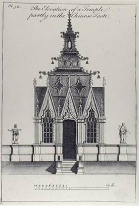 The Elevation of a temple partly in the Chinese Taste, from 'New Designs for Chinese Temples', published 1750-52 (engraving) (b/w photo) by Halfpenny, William (fl.c.1722-d.1755) (after) engraving Private Collection The Stapleton Collection English, out of copyright