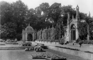 The south terrace of the Italian garden at Westonbirt, with Neo-Jacobean and Moorish gazebos designed by Henry Hamlen in 1843. Pub Orig CL 25/03/1905